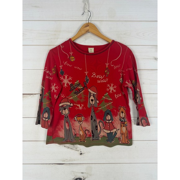 Jess & Jane Tops - Jess & Jane Top Womens M Red Bow Wow Christmas Graphic Rhinestone Dogs